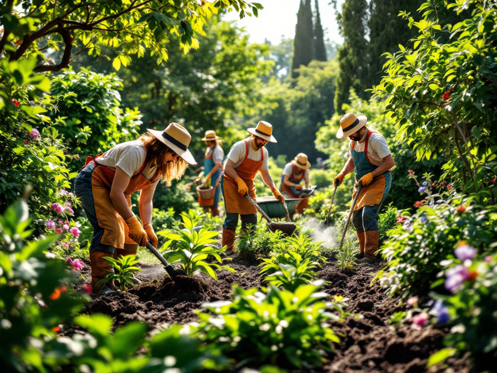Ein Team von Hausmeistern arbeitet gemeinsam im Garten, pflegt Grünflächen und führt Wartungsarbeiten durch