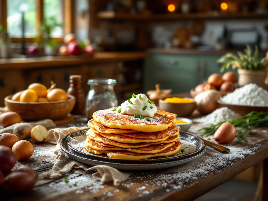 Frisch zubereitete Reibekuchen in einer Pfanne mit Apfelmus und Rübensirup