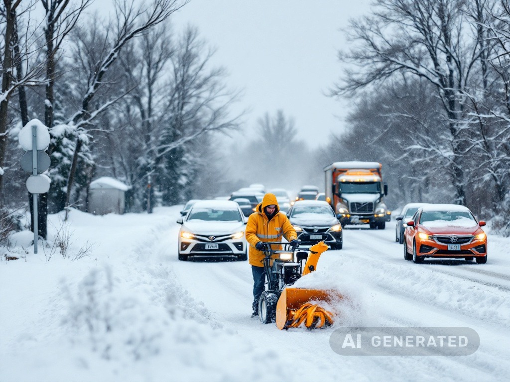 Hausmeister räumt Schnee mit Besen und Schippe, während im Hintergrund ein Stau entsteht